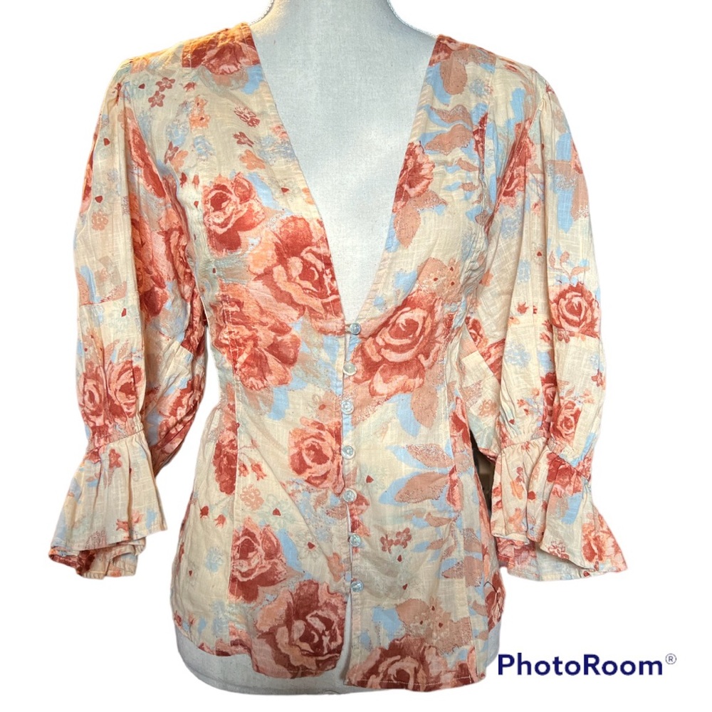 Free People Found you top bohemian floral puffer sleeve extra Large